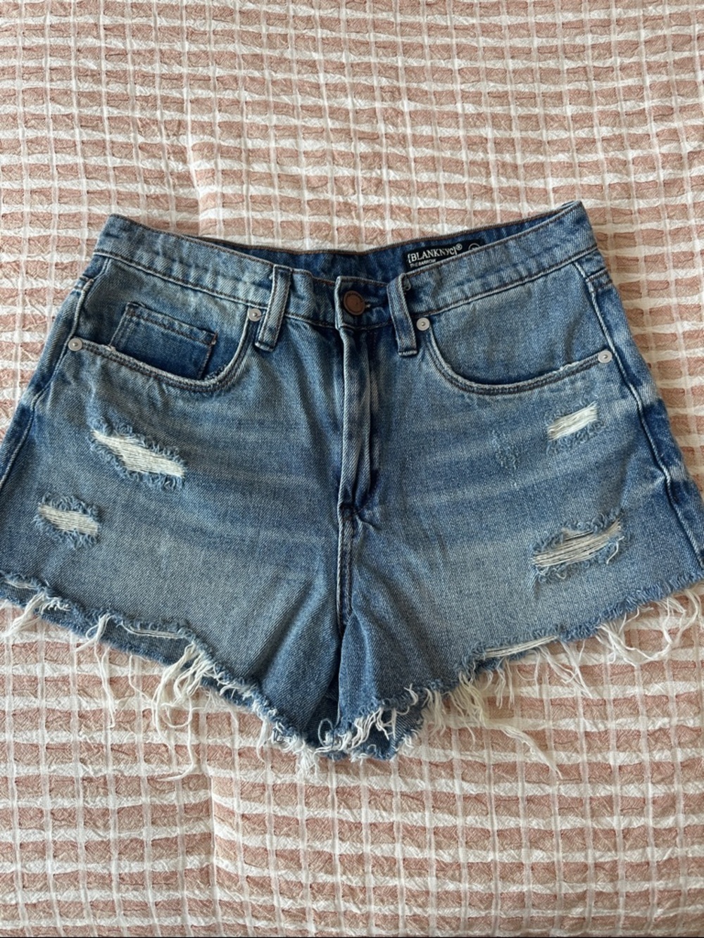 Blank NYC Medium Blue Distressed Frayed Hem Denim Shorts